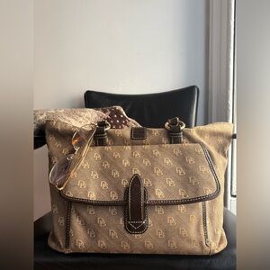 Dooney & Bourke Canvas Monogram Tote Bag DB Logo Shopper Leather Trim Carryall